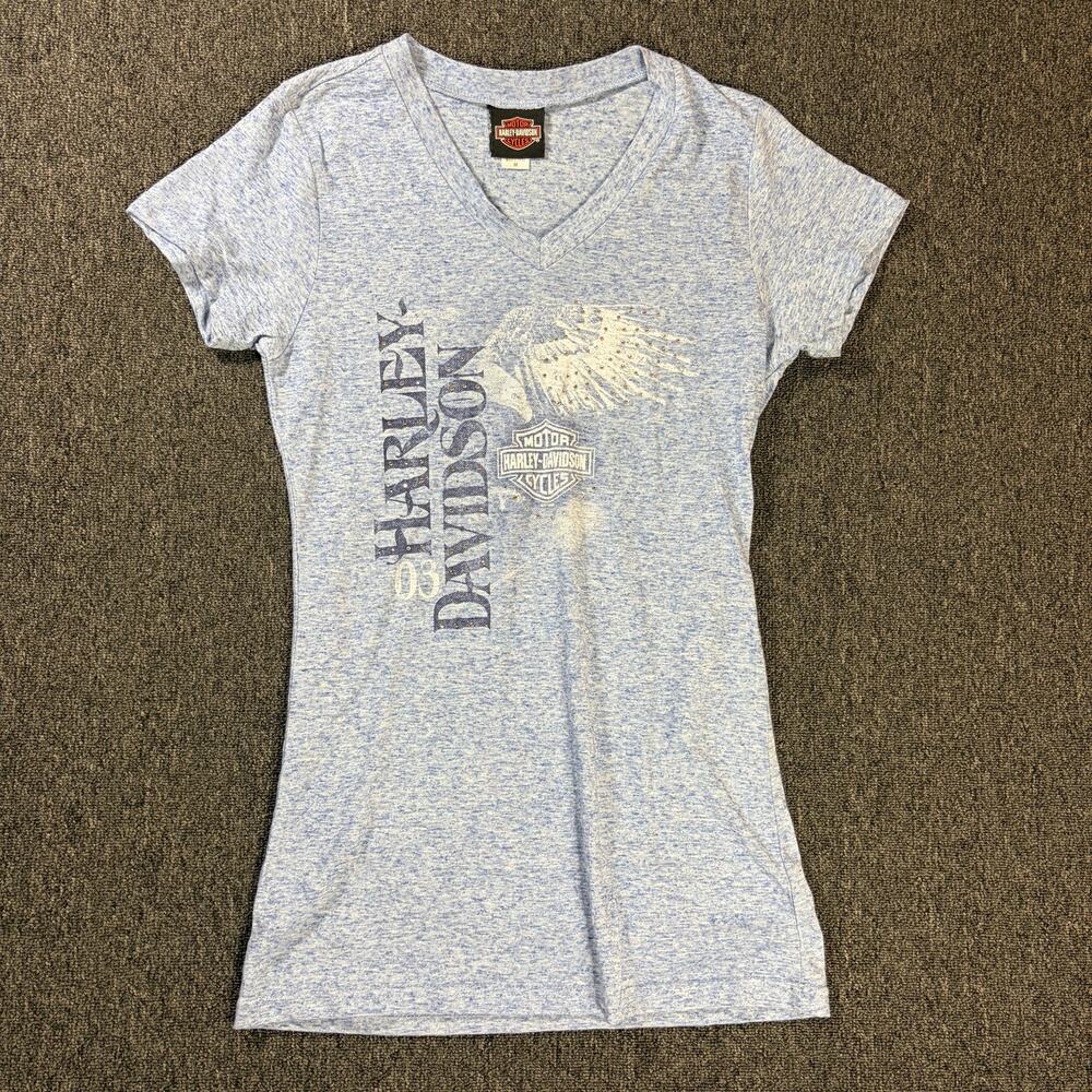 Vintage Y2k Harley Davidson Light Wash Blue Eagle Mcbling Rhinestone Top Medium